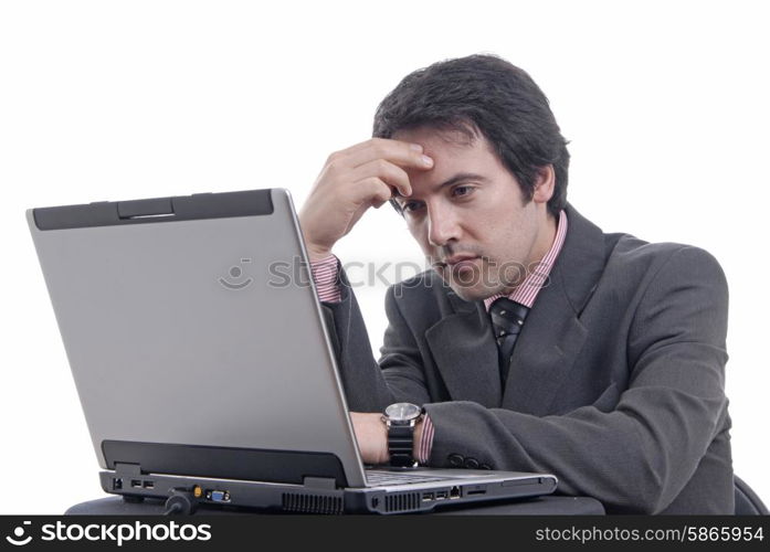 young bored man and working with is laptop