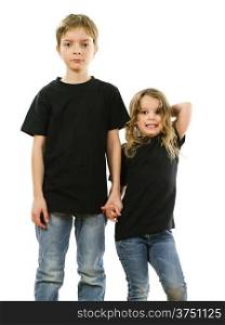 Young boy and his sister wearing blank black t-shirts. Ready for your design or artwork.