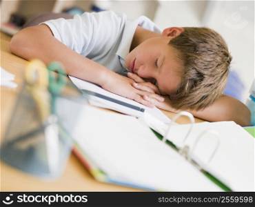 Young Boy Asleep On His Schoolbooks