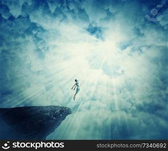 Young boy astral travel, mystical rapture state psychokinesis condition. Magic soul energy show human illusion. Mysterious place into the clouds