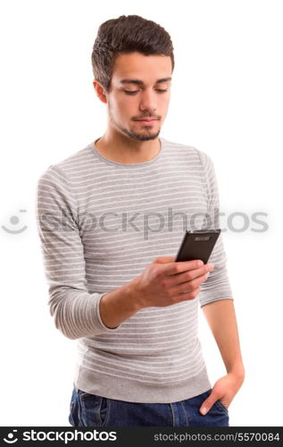 Young boy at the phone, isolated over white