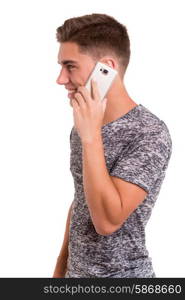 Young boy at the phone, isolated over white