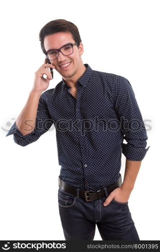Young boy at the phone, isolated over white