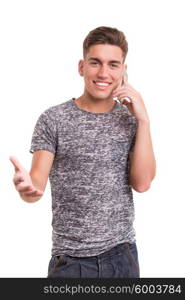 Young boy at the phone, isolated over white