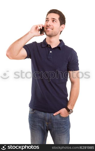 Young boy at the phone, isolated over white