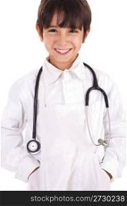 young boy dressed as doctor on white background