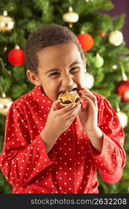 Young Boy Eating Mince Pie In Front Of Christmas Tree