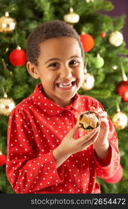 Young Boy Eating Mince Pie In Front Of Christmas Tree