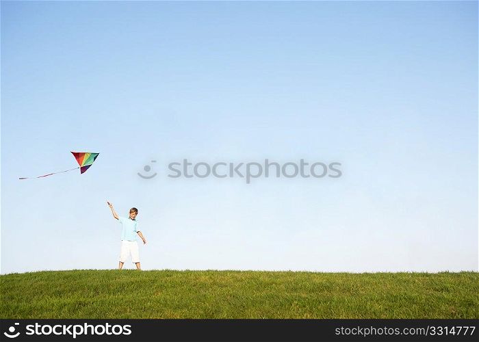 Young boy flying kite in a field