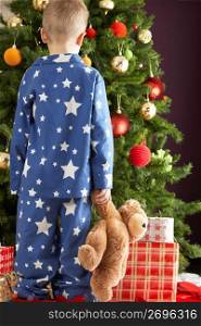 Young Boy Holding Teddy Bear In Front Of Christmas Tree