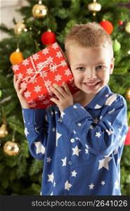 Young Boy Holding Wrapped Present In Front Of Christmas Tree