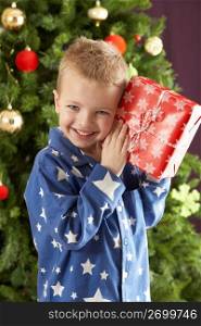 Young Boy Holding Wrapped Present In Front Of Christmas Tree