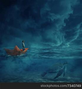 Young boy in a orange paper boat sail lost in the ocean, in a stormy night and a huge turtle underwater, as a guide, show him the way home. Adventure and journey concept.