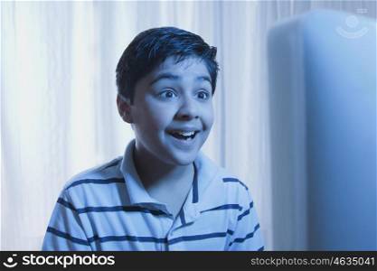 Young boy looking at a computer monitor