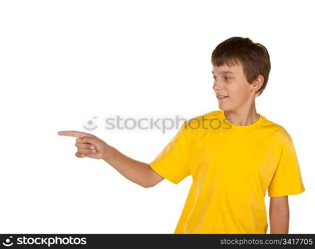 young boy pointing to white copyspace