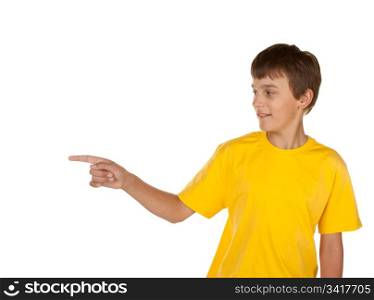young boy pointing to white copyspace