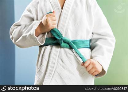 young boy preparing to perform judo