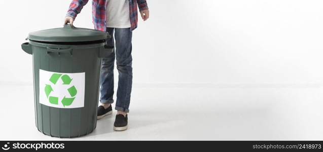 young boy recycle bin with copy space