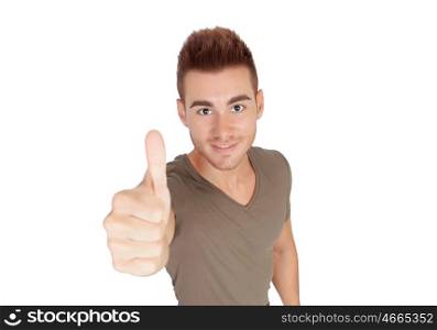 Young boy seen from above saying Ok isolated with her thumb on white background