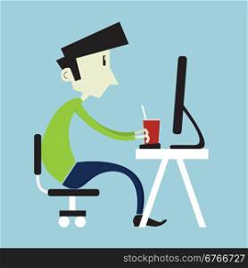 Young boy sitting at computer. Flat style illustration.