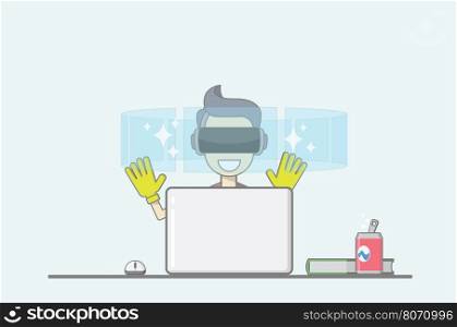 Young boy sitting behind desk in front of laptop uses virtual reality application.&#xD;
