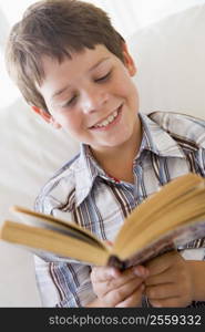 Young Boy Sitting On A Sofa Reading A Book