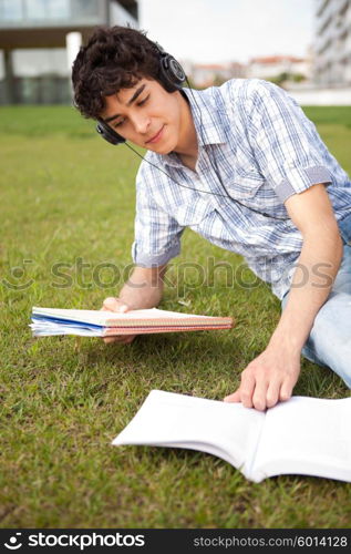 Young boy studying at the park