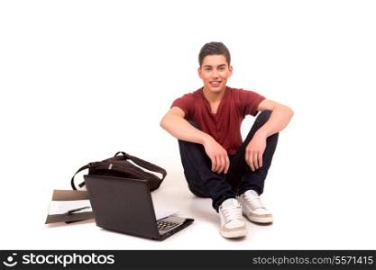 Young boy studying, isolated over a white background