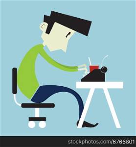 Young boy typing on a typewriter - Flat style illustration.