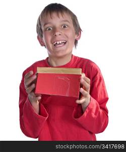 young boy with a present on white background. boy with present