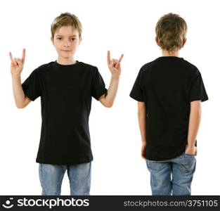 Young boy with blank black t-shirt, front and back. Ready for your design or artwork.