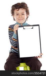 Young boy with clipboard over white background