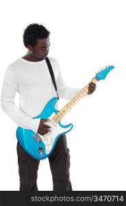Young boy with electrical guitar a over white background