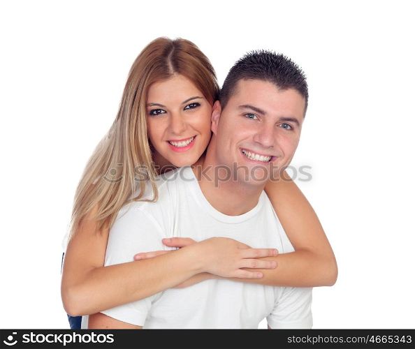 Young boyfriends hugging isolated on a white background
