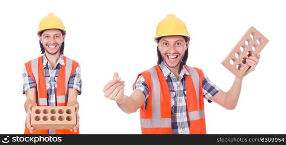 Young bricklayer with brick isolated on white