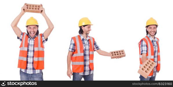 Young bricklayer with brick isolated on white