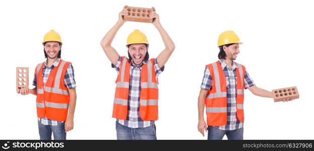 Young bricklayer with brick isolated on white