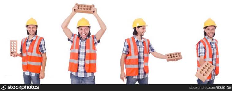 Young bricklayer with brick isolated on white