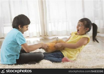 young brother and sister fighting for a toy