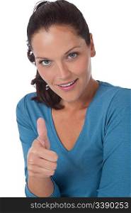 Young brown hair woman showing thumbs-up on white background