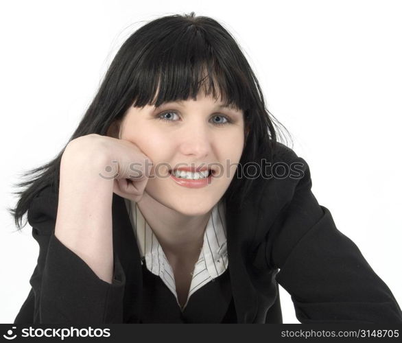 Young brunette business woman smiling.