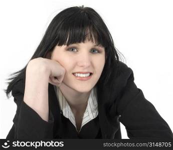 Young brunette business woman smiling.