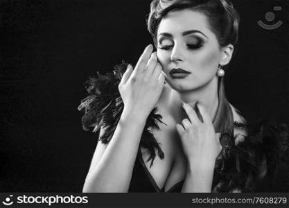 young brunette girl model and actress closeup portrait, black and white