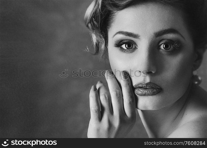 young brunette girl model and actress closeup portrait, black and white