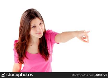 Young brunette girl pointing with the finger isolated on a white background