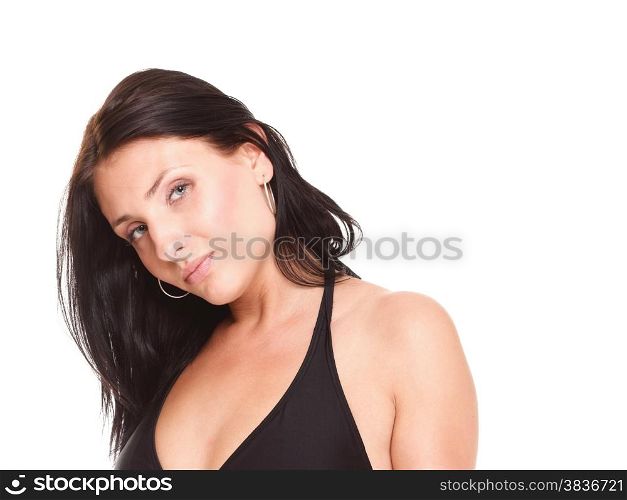young brunette girl very tiny body in bikini with measuring her waistline a tape