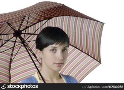 young brunette girl with a umbrella, isolated