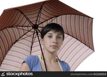 young brunette girl with a umbrella, isolated