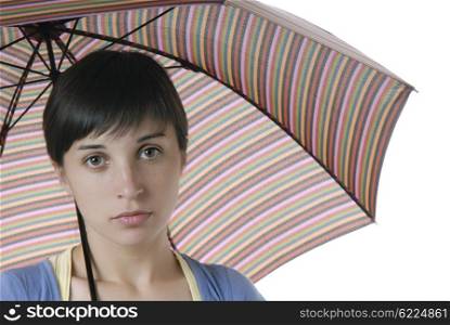 young brunette girl with umbrella, isolated