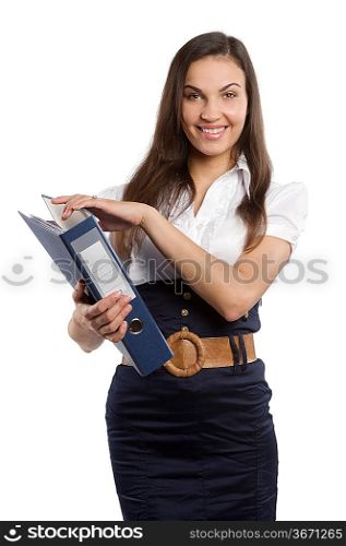 young brunette in formal dress as a office worker with a dark folder